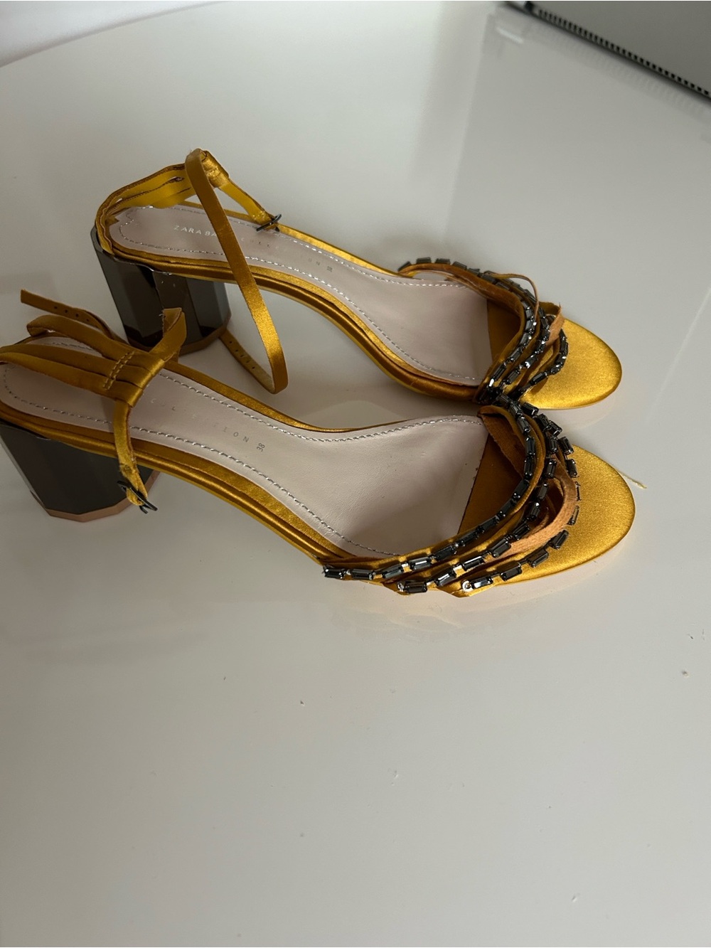 Zara Metallic Gold Block Heel Sandals with Beaded Straps